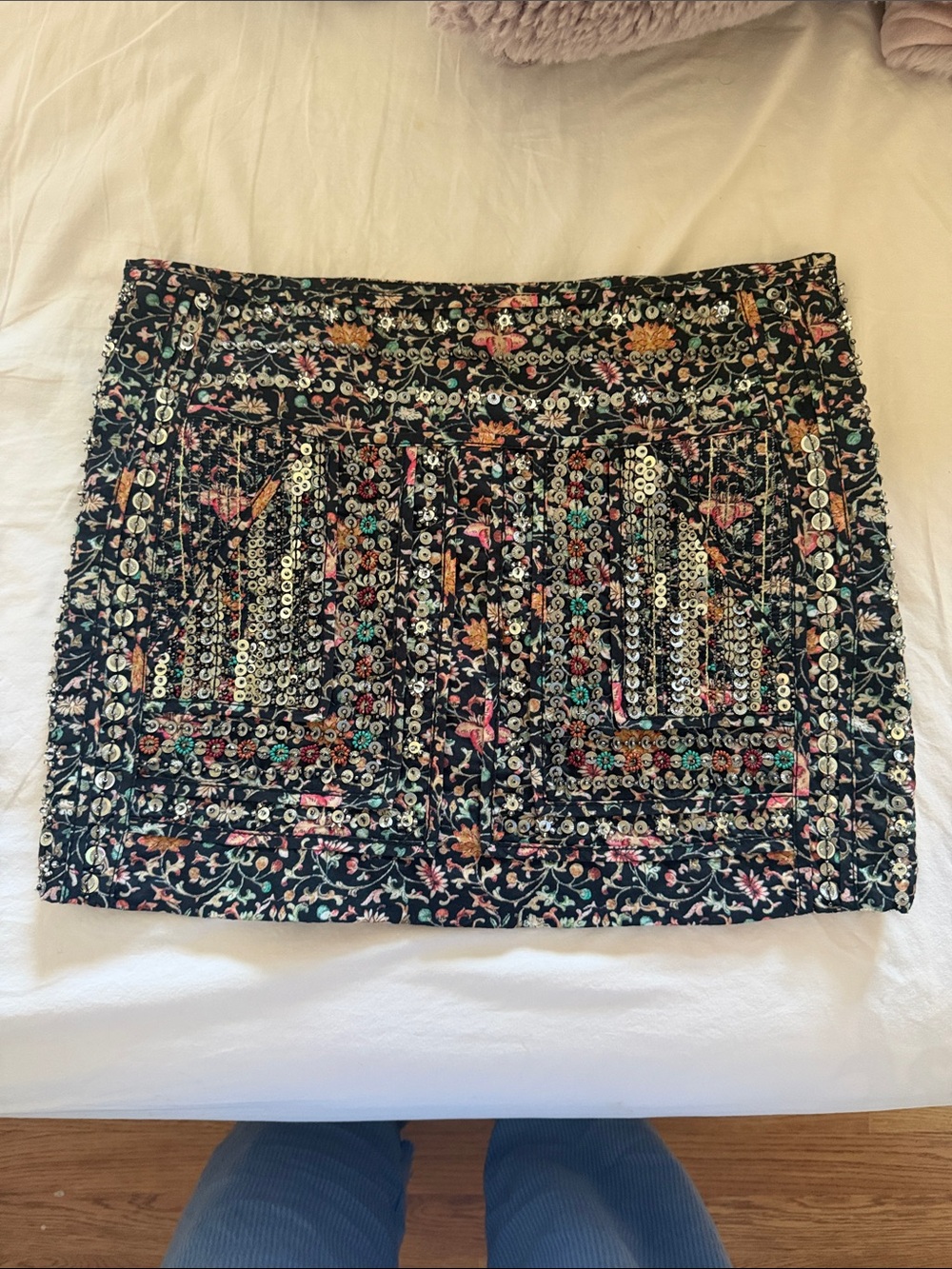 Free People Black turquoise pink Floral Sequin Mini Skirt